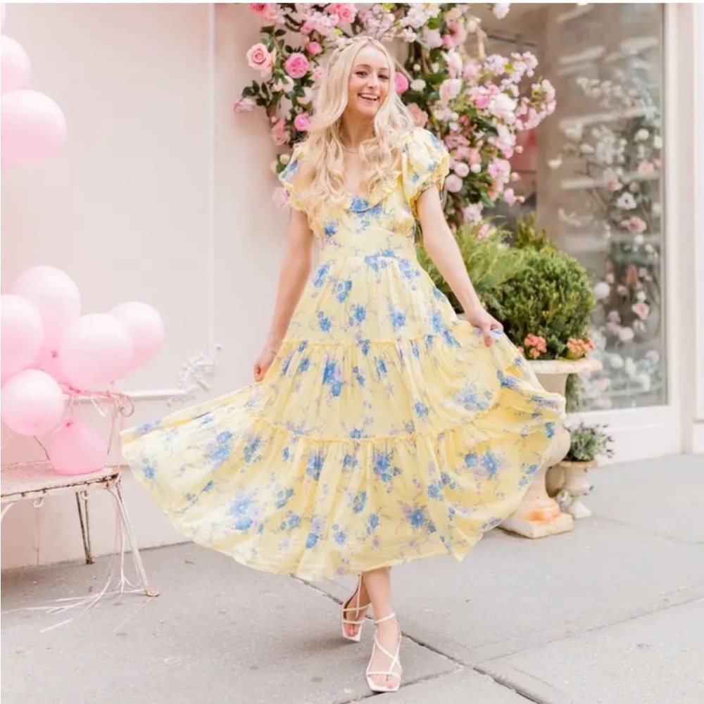 LoveShackFancy Dress Emory Midi in Yellow Blue Floral - Picture 2 of 6